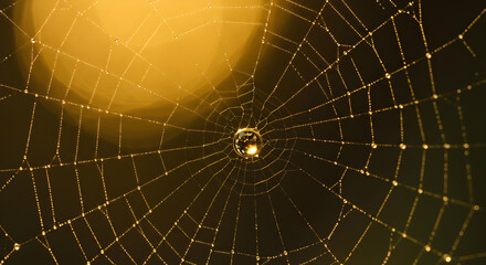 Obraz premium Golden Dewdrops Adorning Spiderweb Creating an Intricate Pattern With Backlight