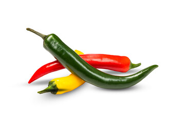 three multi-colored hot chili pepper pods on a transparent background isolate