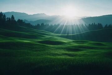green hills under blue sky sunbeam landscape nature