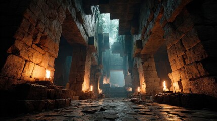 Ancient stone corridor illuminated by flickering torches and mysterious shadows.