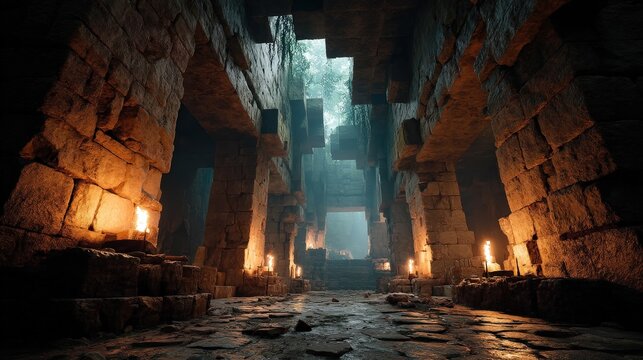 Ancient stone corridor illuminated by flickering torches and mysterious shadows. - Powered by Adobe