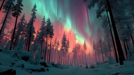 Aurora Borealis, Northern Lights, Snowy Forest, Winter Night, Colorful Sky