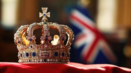 Royal Crown Jewels. Symbol Of Power. Gold Crown On Red Velvet With Gemstones. UK Flag In Background.