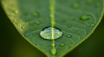 Fototapeta premium Fresh Green Leaf With Water Drops Reflecting The Leaf Detail