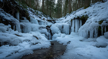 Frozen Creek Flows Through Winter Forest With Striking Icicles