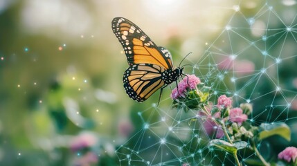Fototapeta premium Monarch Butterfly Feeding On A Flower In A Connected Network, Symbolizing Growth And Communication.