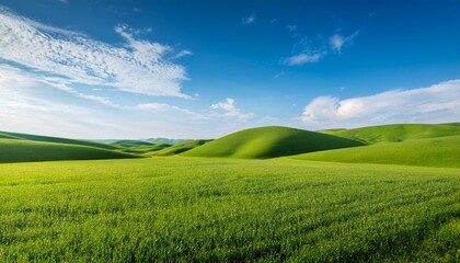 Fototapeta premium scenery beautiful of green field with blue sky green grass fields on small hills and blue sky suitable for wallpaper and background illustration