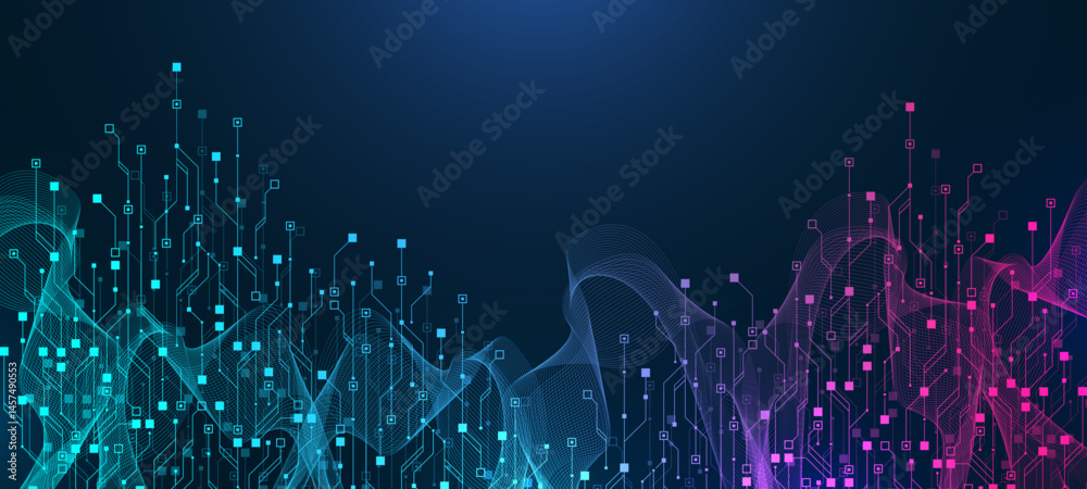 Aufkleber Artificial Intelligence or machine learning vector design. Quantum computer technology concept with circuit board and motherboard texture background design. Waves flow quantum explosion