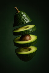 floating sliced avocado with pit on green background, minimalist conceptual food art for themes of health, vegan food, and nutrition. creative image