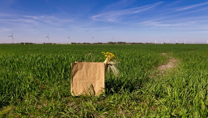 Kraft paper shopping bag with yellow flowers and wheat in a green agricultural field with wind...