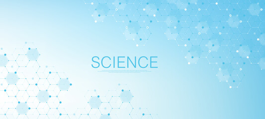 Modern health care or medical background design. Health care innovation concept. Horizontal header web banner. Abstract geometric background with hexagon shapes for medicine, science, chemistry.