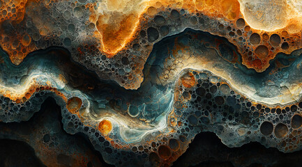 Formaciones abstractas y coloridas que recuerdan estructuras geológicas, con azules profundos, negros, naranjas y amarillos vibrantes.maravillas geológicas y arte natural en movimiento fluido.