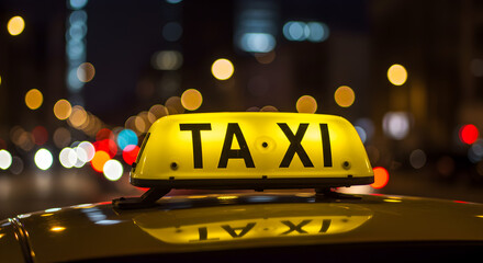 Illuminated Yellow Taxi Sign Atop Car with Blurred City Lights at Night Conveying Urban Transportation and Nightlife