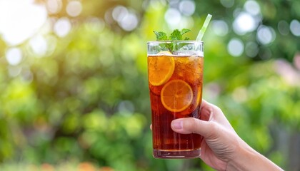 A hand holds a refreshing iced tea garnished with orange slices and mint, bathed in sunlight against a lush green backdrop.