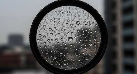 Raindrops On A Circular Filter With Urban Landscape Behind It