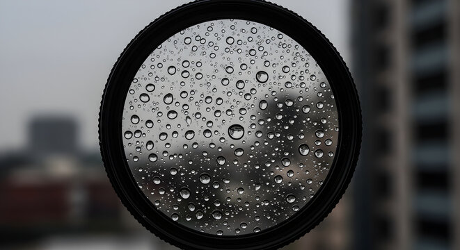 Raindrops On A Circular Filter With Urban Landscape Behind It