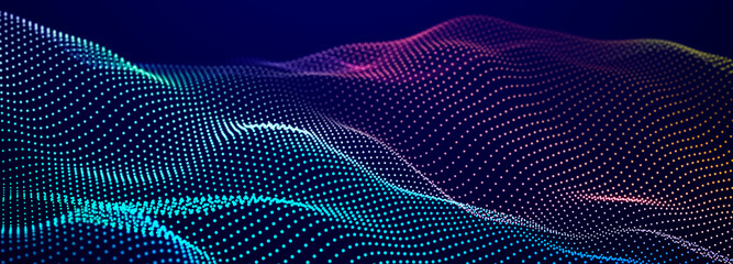 Particle stream. Purple background with many glowing particles. Information technology background. 3d rendering.