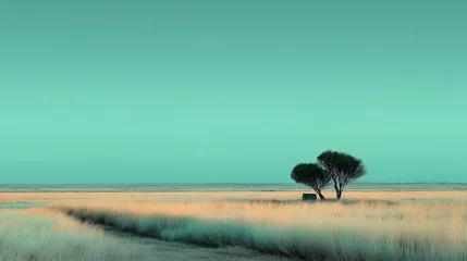 Fototapete A serene landscape with a lone tree against a turquoise sky. © UnderTheSun