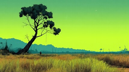 Obraz premium A stylized landscape featuring a tree against a vibrant green and yellow sky.
