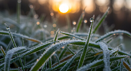 Fototapeta premium Frosty Morning: Grass Blades Adorned With Ice Crystals at Sunrise