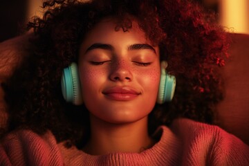 Woman relaxing on bean bag with pastel headphones