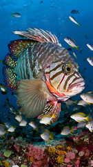 beautiful sea fish under water in ocean around school fish. close up.  Ai generated