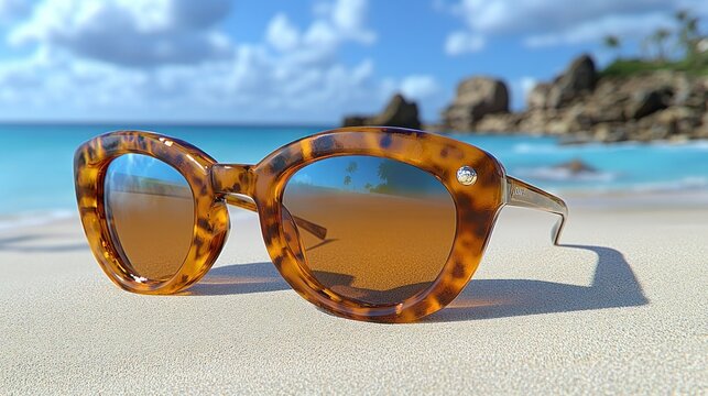 Stylish tortoise-shell sunglasses on sandy beach.  Reflecting ocean views