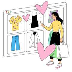 Woman choosing dress on online shopping website with hearts around