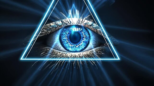 Blue Eye of Providence on black background. All-seeing God's eye in triangle. Illuminati and Freemasons mystical symbol