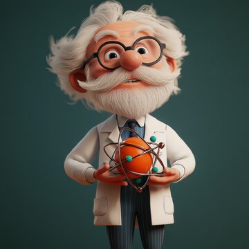 A 3D caricature of a scientist holding an oversized atom model.