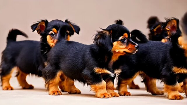 Miniature pinscher puppies with fluffy black and tan coats playfully standing on wooden floor with soft sunlight filtering through sheer curtains