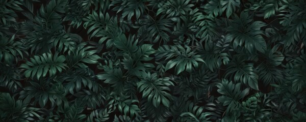 Fototapeta premium Intricate dark green & black tropical leaf pattern, abstract swirls , green leaves, dark background, vibrant