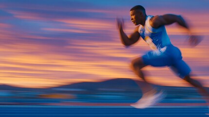 Fototapeta premium A sprinter at high speed with a blurred background and sharp motion capture highlighting energy and focus.
