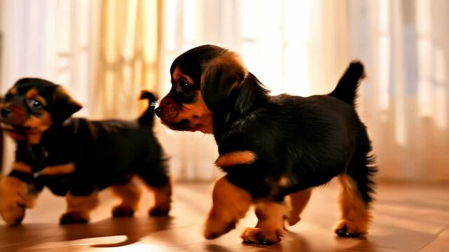 Miniature pinscher puppies with fluffy black and tan coats playfully standing on wooden floor with soft sunlight filtering through sheer curtains