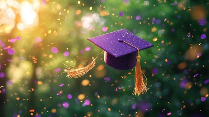 Celebrating graduation a floating cap amidst colorful confetti