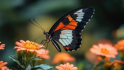 Fototapeta premium Butterfly feeding on flower, garden, nature, blurred background, for nature websites