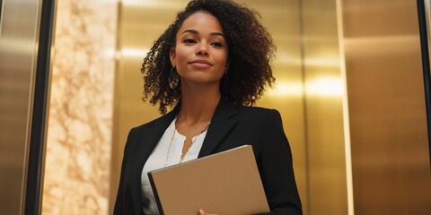 businesswoman folder elevator lobby office professional
