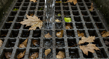 Water Cleansing Storm Drain During Autumn Blocking with Decaying Leaves