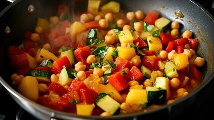 Chickpea and vegetable stew simmering in frying pan