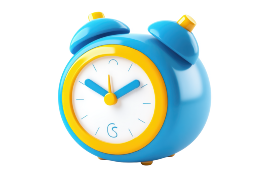 A blue alarm clock with yellow accents sitting on a dark background showing the time passing slowly