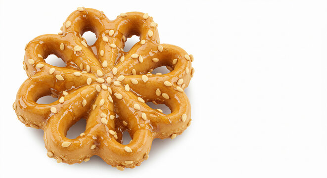 Moroccan chebakia cookie, flower-shaped and coated in honey and sesame, isolated on white background.