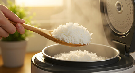Scooping Steaming White Rice from Rice Cooker with Wooden Spoon in Kitchen with Plant and Blurred Background under Warm Light