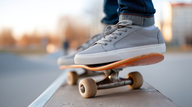Skateboarding adventure: sneakers on skateboard at takeoff point in urban setting