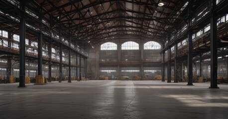 Naklejka premium Spacious industrial interior High ceiling, metal framework , room, building