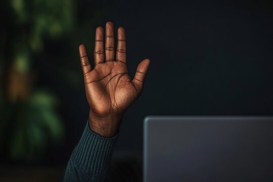 Entrepreneur waving during first client call - Powered by Adobe