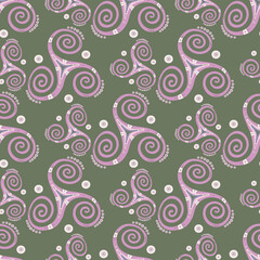 Pagan triple spiral celtic triskele rotating sign repeating pattern. Trinity helix triskele whirlpool sacred geometry. Wiccan joining spirals mysterious motif. Eternity symbol ornament.