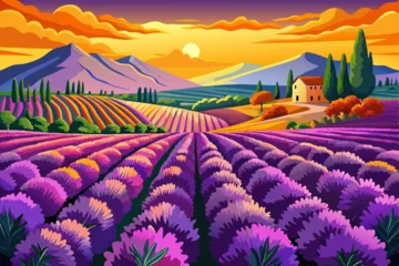Fototapete Rund Blooming lavender fields near Valensole, Provence, France, glowing under golden sunset light. Classic Provencal landscape with rows of purple flowers, ideal for travel, nature beauty, fragrance vector © samira