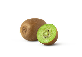 Ripe whole kiwi fruit and a half isolated on white background