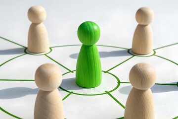 Obraz premium Leadership & Unity: A top-down view of interconnected wooden figures on a white background, with a distinctive green figure at the center, symbolizing leadership and the cohesion of a strong network.