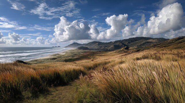 Serene landscape with rolling hills, grass, and dramatic clouds over the ocean.